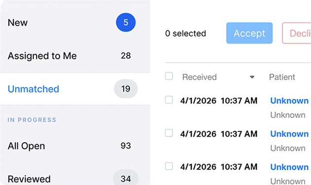 Referral intake queue listing new, assigned and unmatched referrals with accept and decline actions